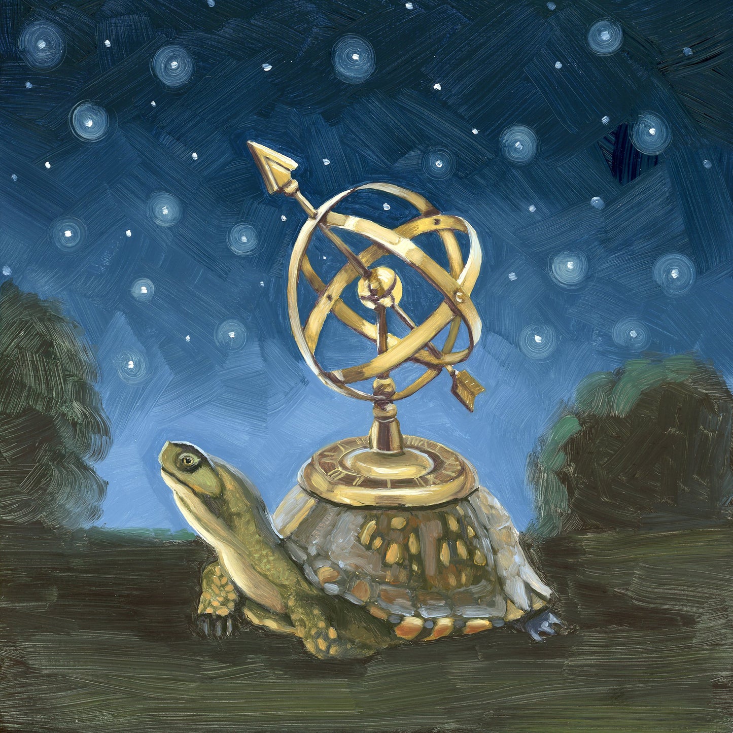 Turtle with Celestial Sphere - 8x8 Original Oil Painting