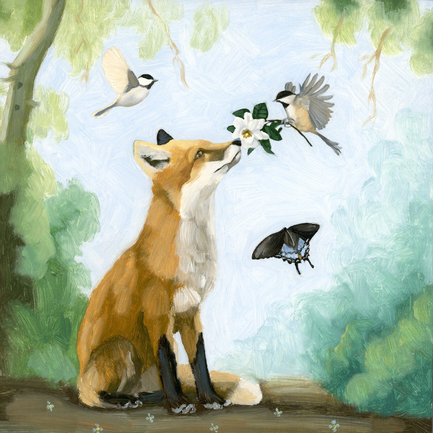 Fox w/ Gardenia - 8x8 Original Oil Painting