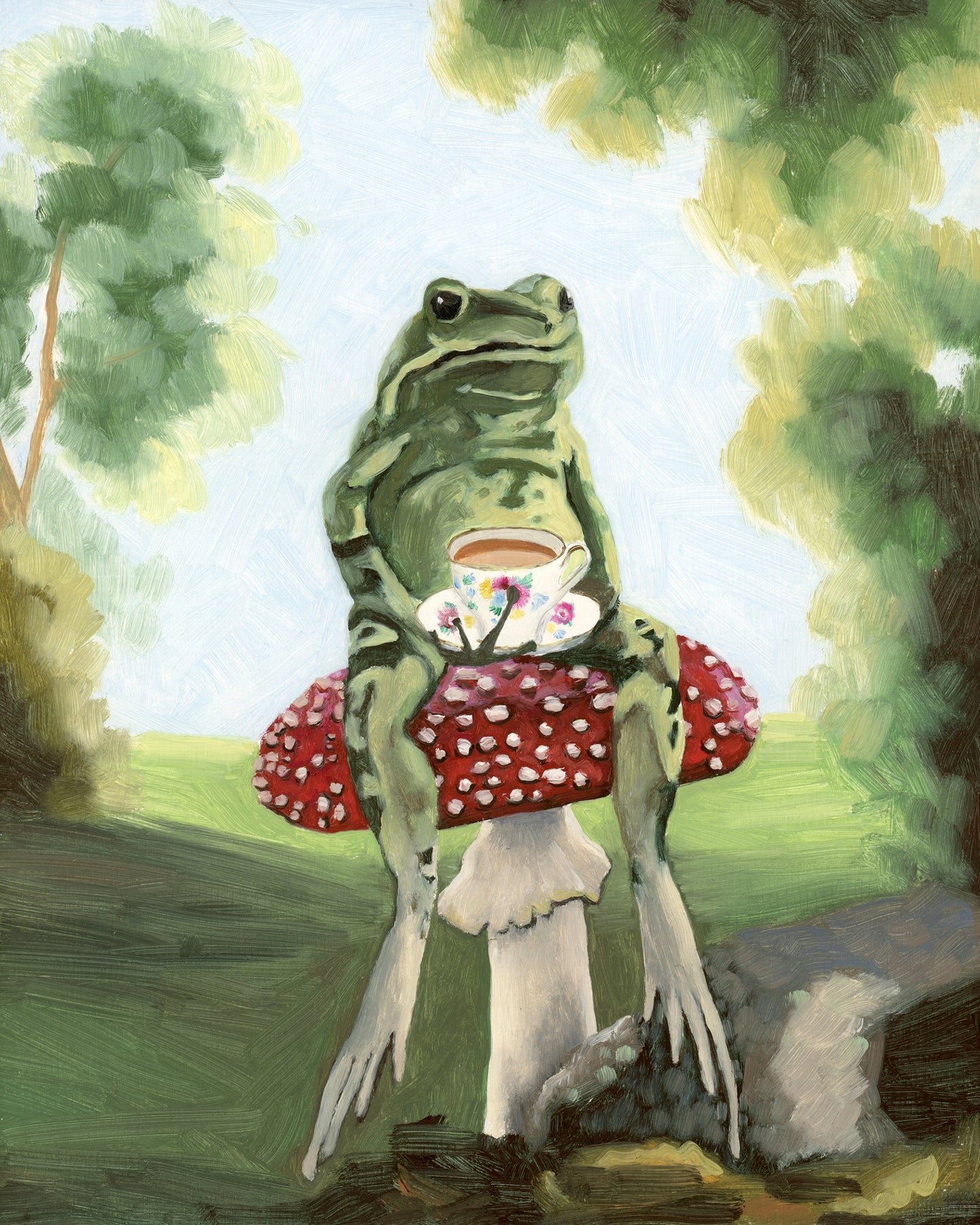 Frog w/ Tea and Toadstool - 8x10 Original Oil Painting