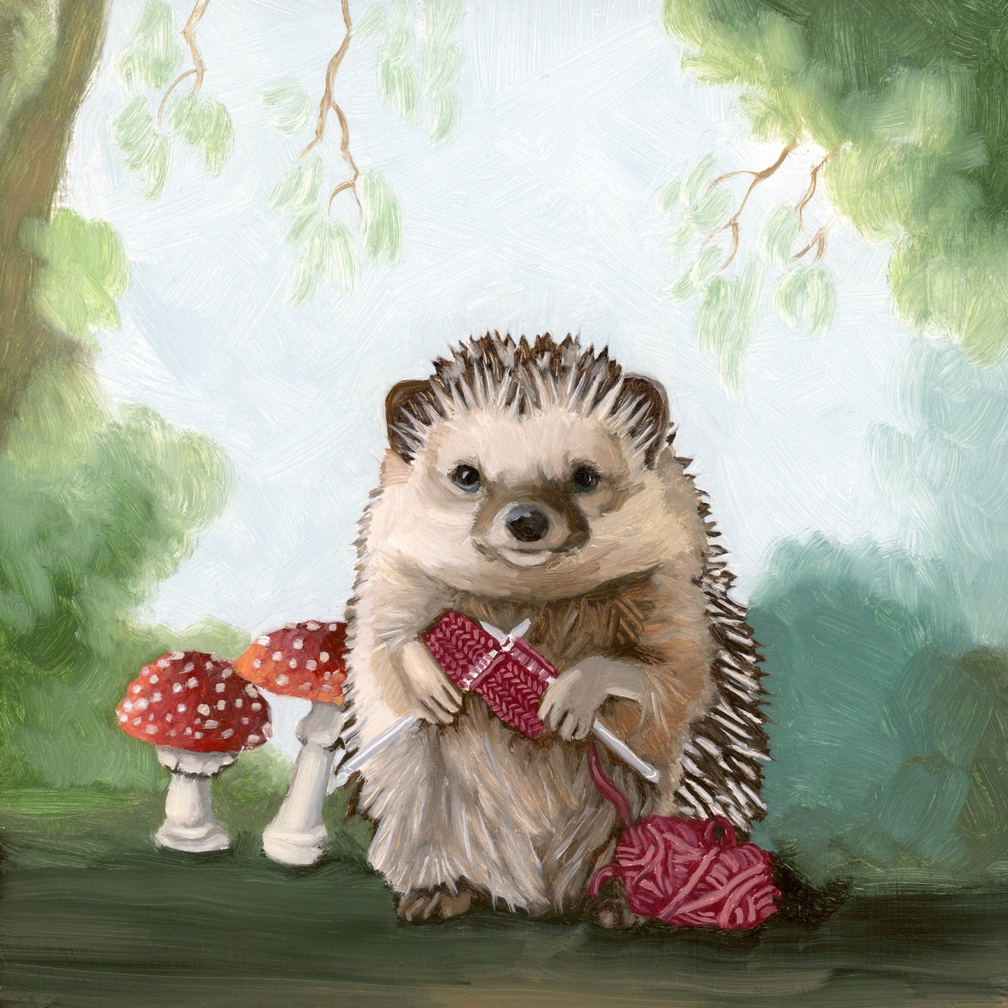 Hedgehog Knitting - 8x8 Original Oil Painting
