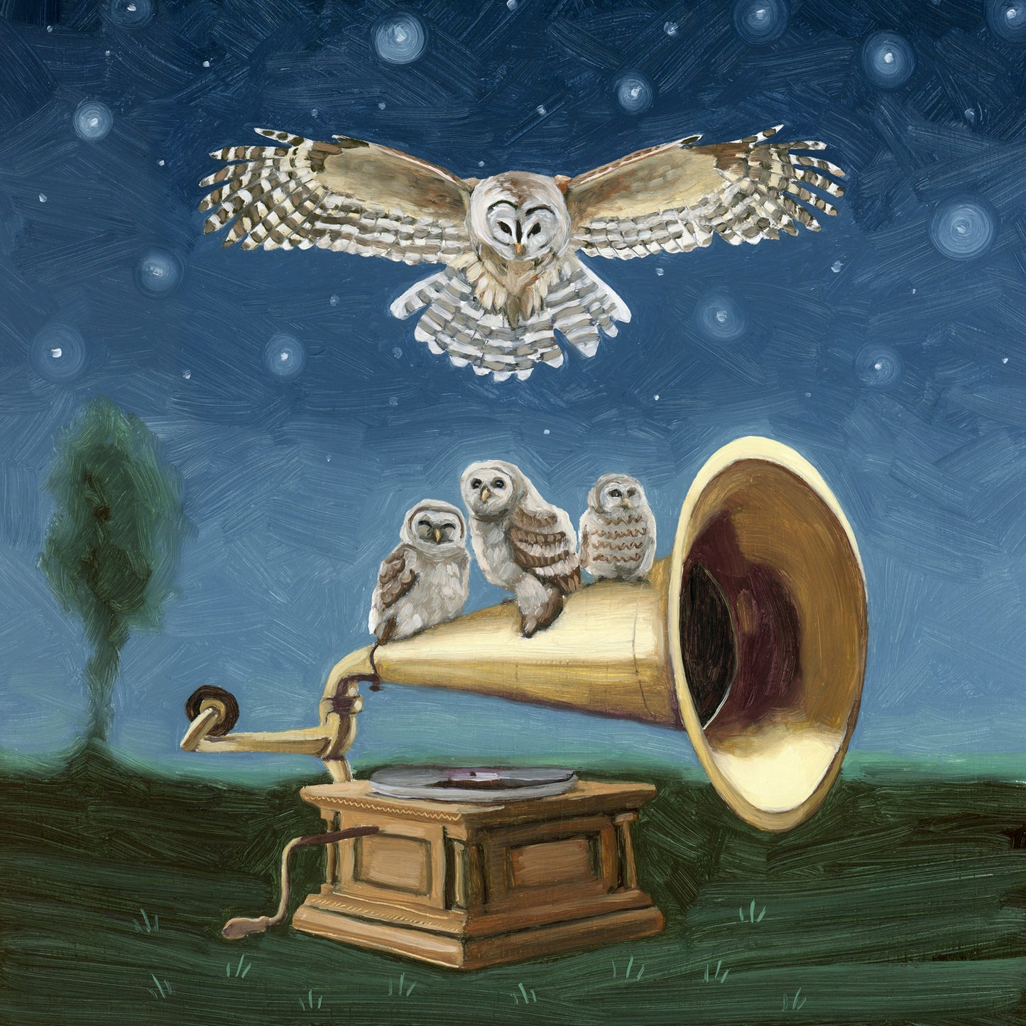 Owls w/ Phonograph - 10x10 Original Oil Painting