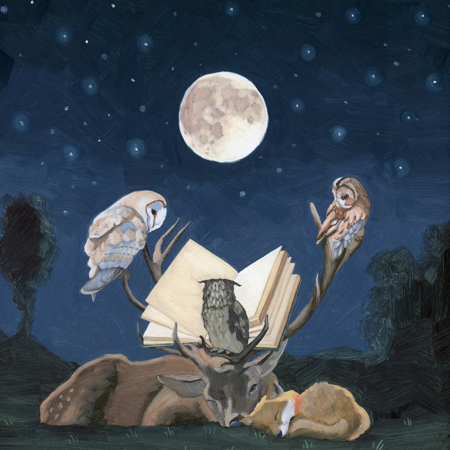 Owls Reading - 12x12 Original Oil Painting