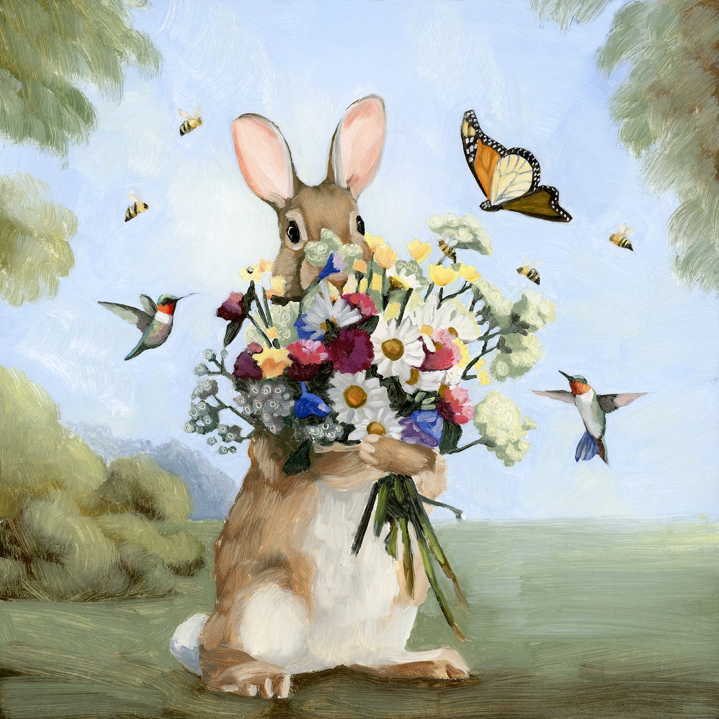 Rabbit w/ Wildflowers Art Print (8x8)