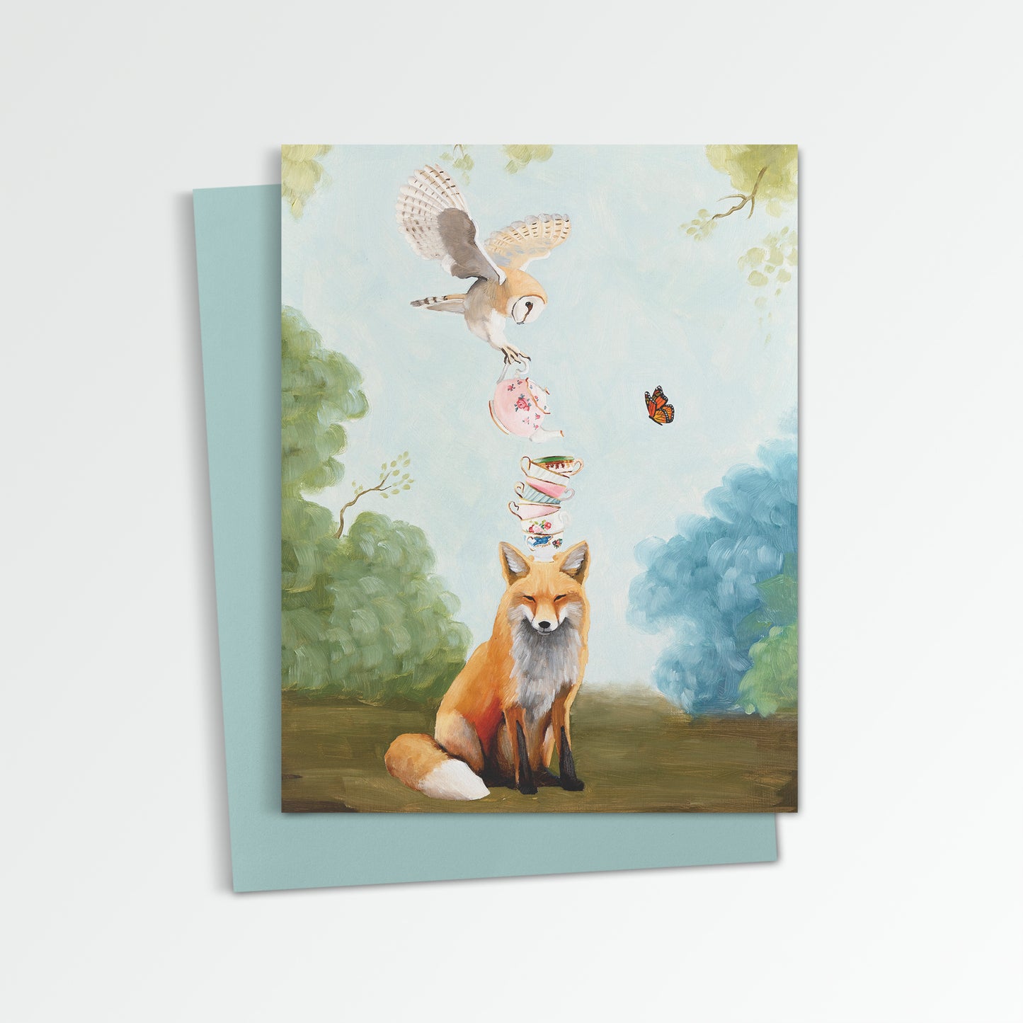 Fox and Owl w/ Teacups Notecard (Blank Inside)