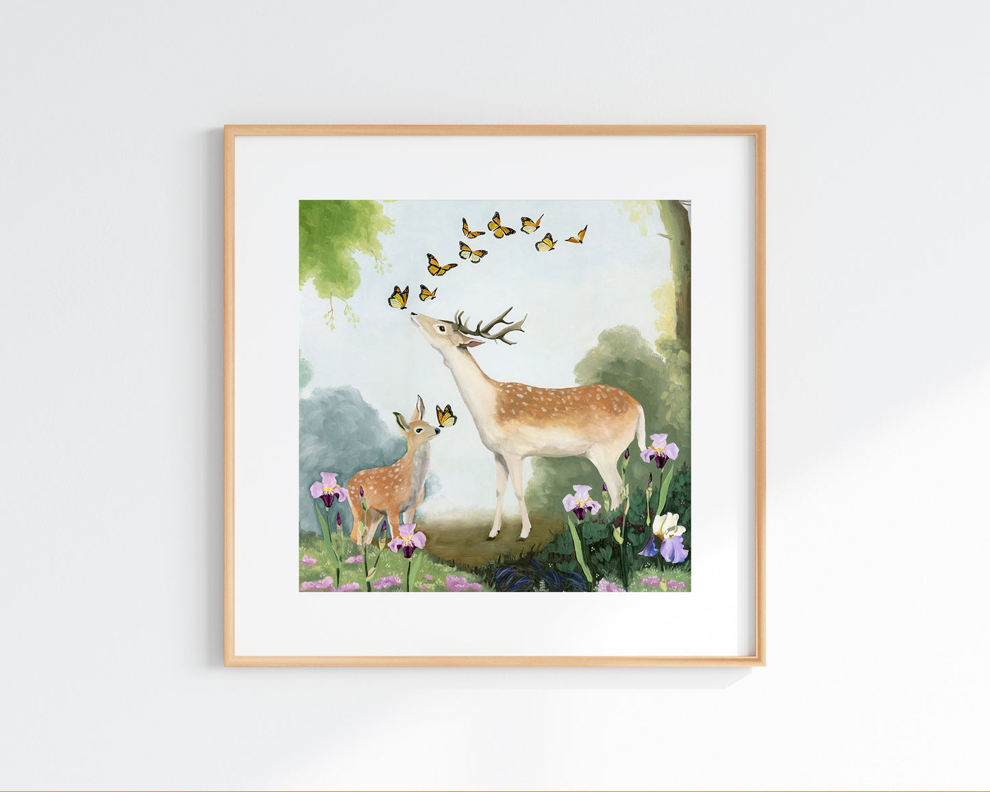 Deer and Irises Art Print (8x8)