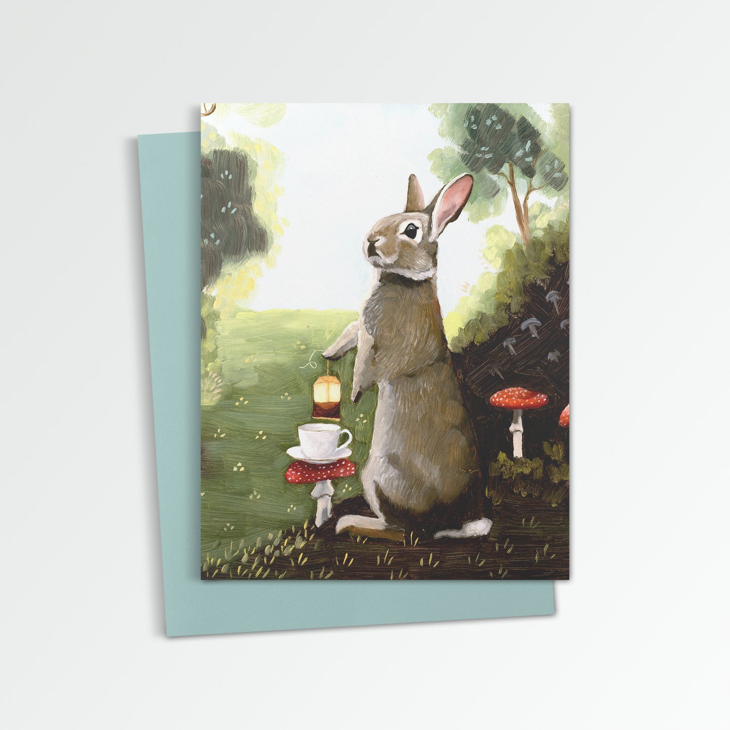 Rabbit w/ Toadstools and Tea Notecard (Blank Inside)
