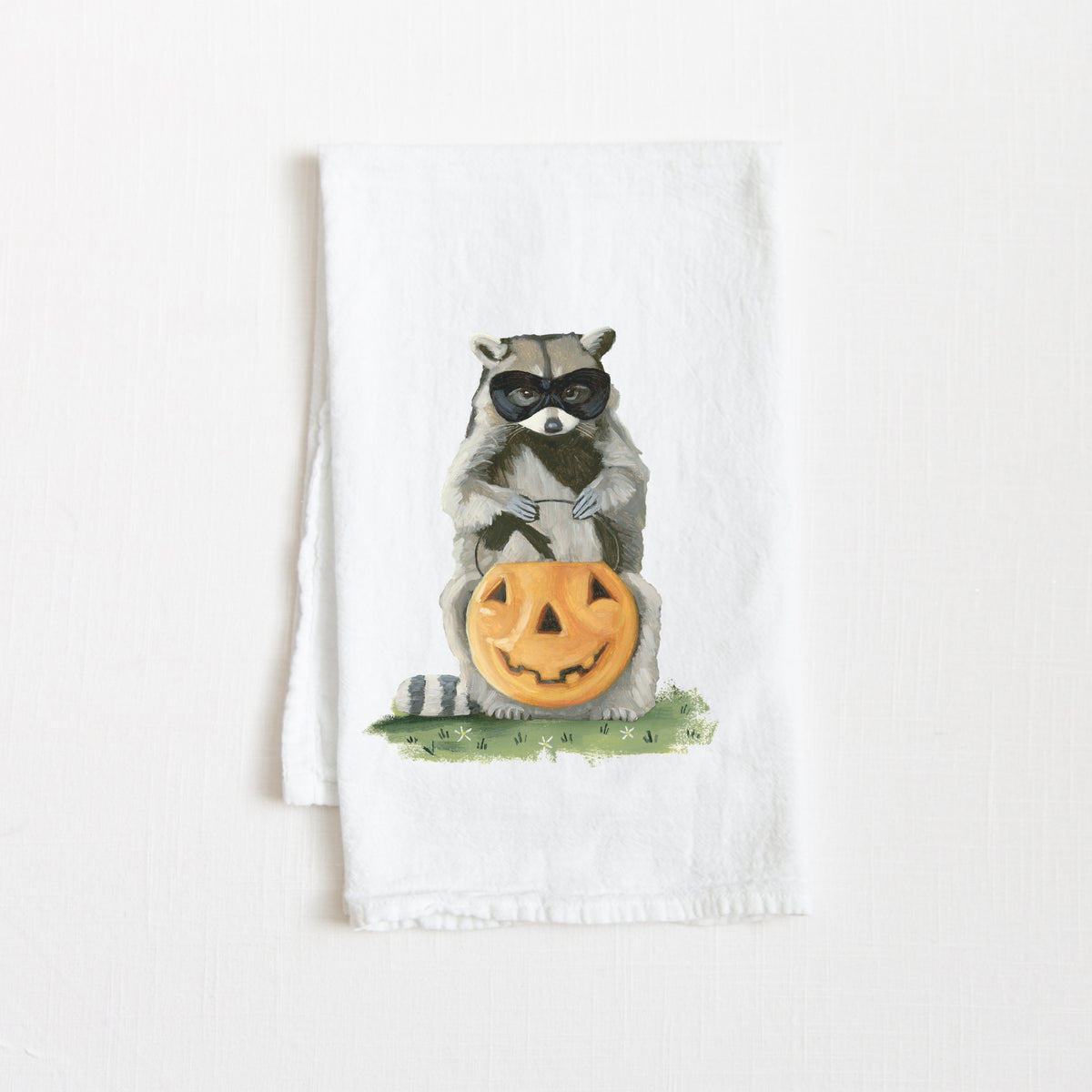 Flour Sack Tea Towel - Raccoon w/ Jack-O-Lantern