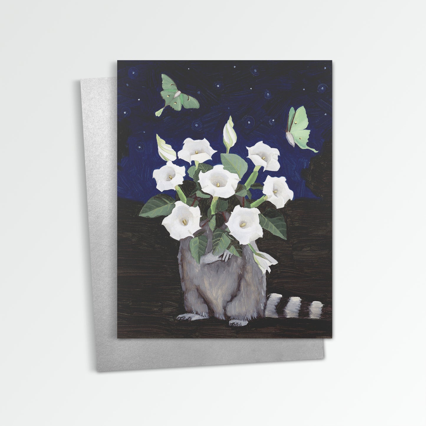 Raccoon w/ Moonflower Notecard (Blank Inside)