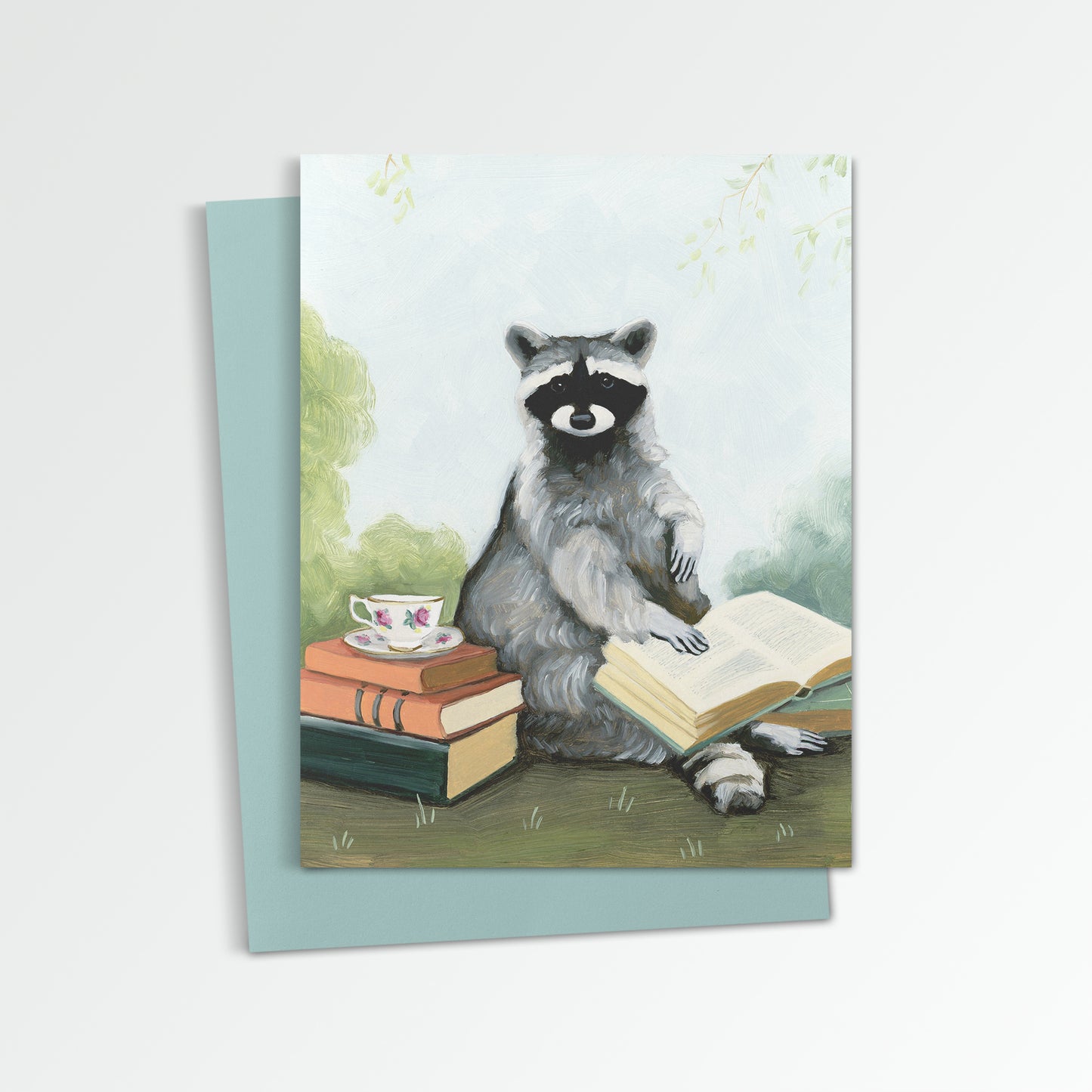 Raccoon w/ Tea and Books Notecard (Blank Inside)