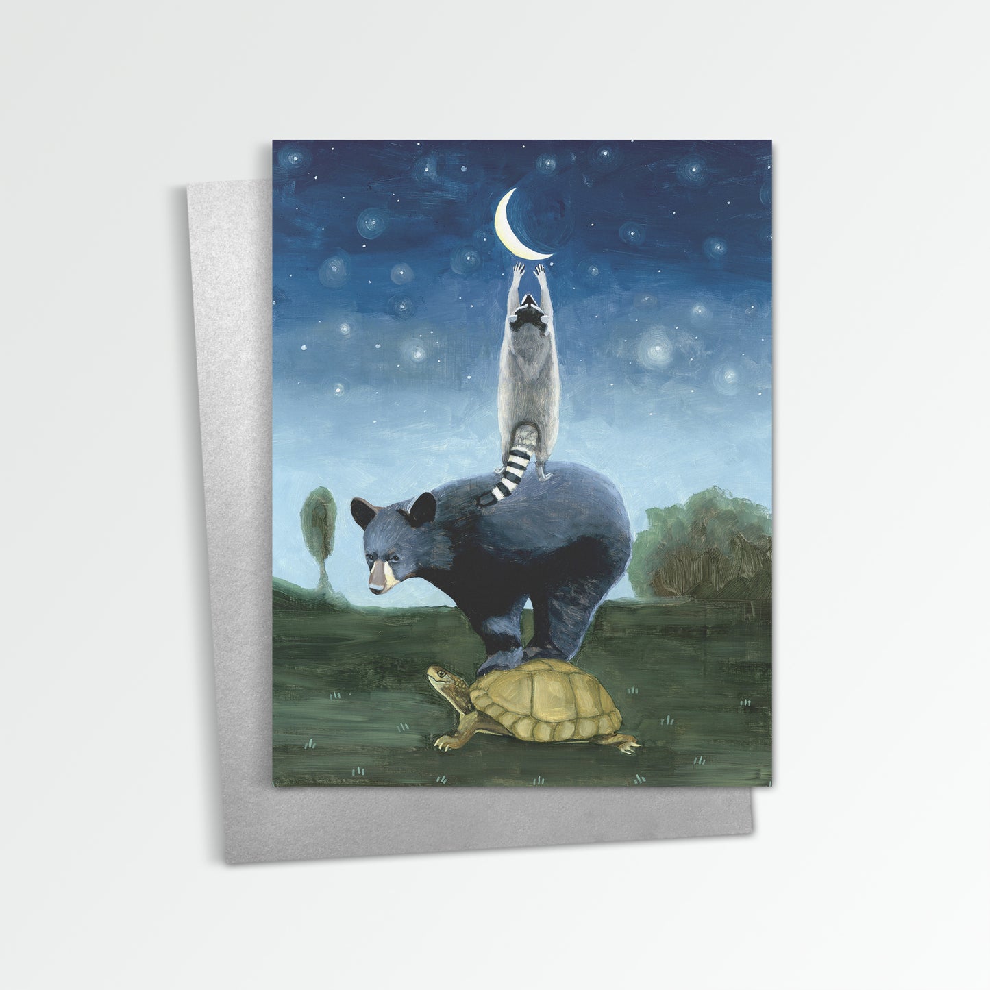 Bear, Turtle, Raccoon Reaching for the Moon Notecard (Blank Inside)