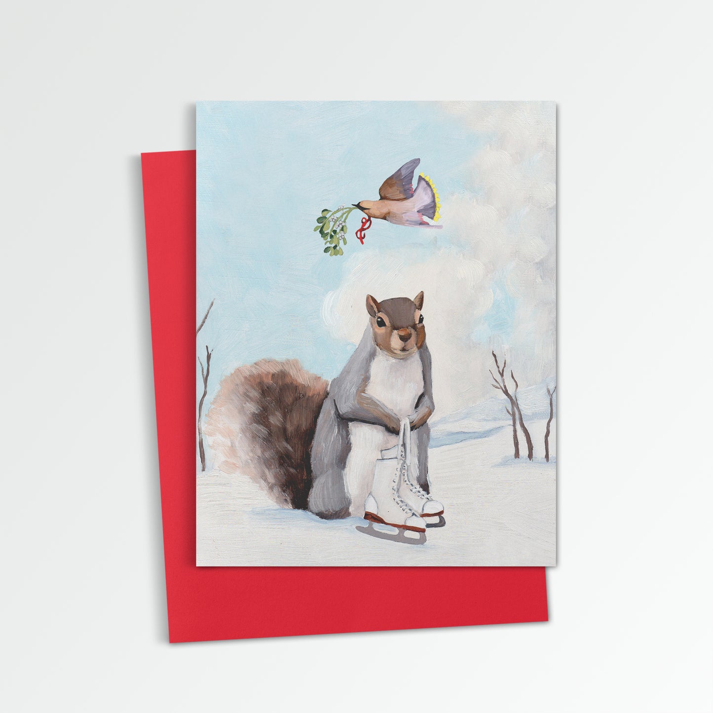 Squirrel w/ Ice Skates & Mistletoe - Holiday Greeting Card
