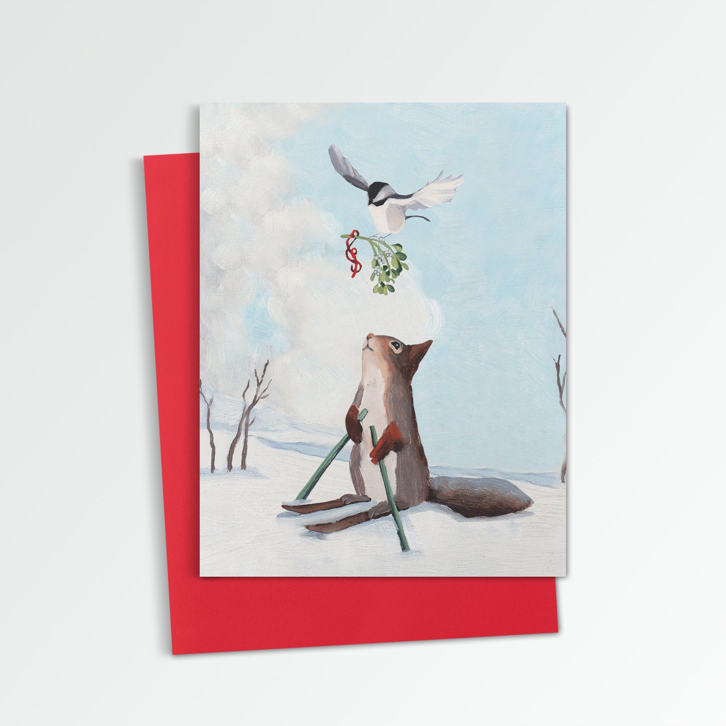 Squirrel Skiing & Mistletoe - Holiday Greeting Card