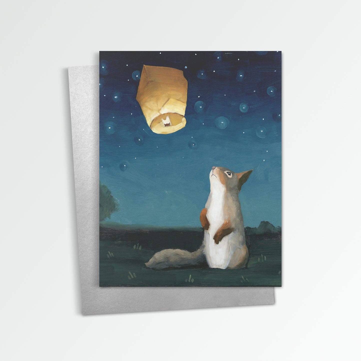 Squirrel w/ Wish Lantern Notecard (Blank Inside)