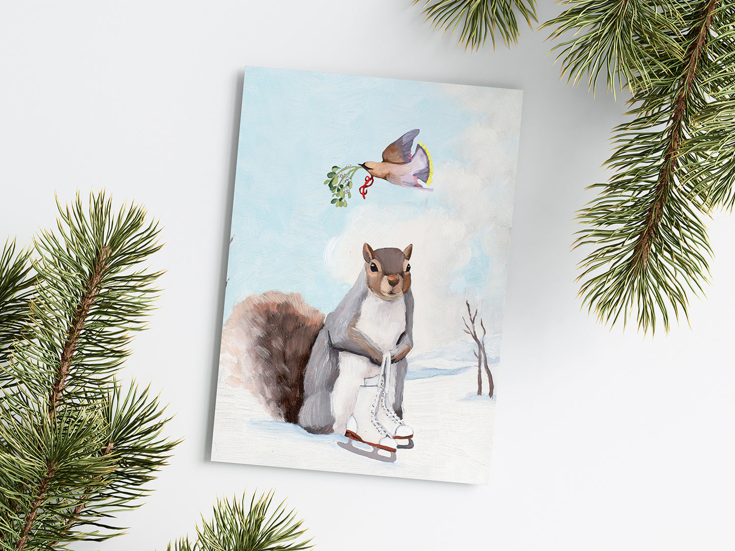 Squirrel w/ Ice Skates & Mistletoe - Holiday Greeting Card