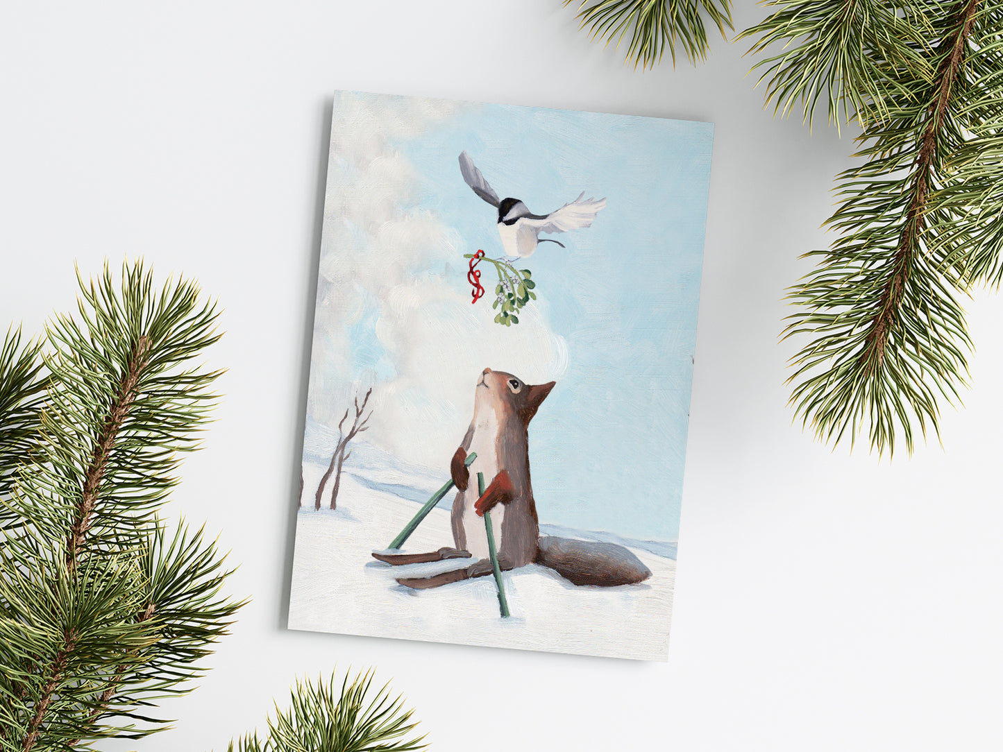Squirrel Skiing & Mistletoe - Holiday Greeting Card