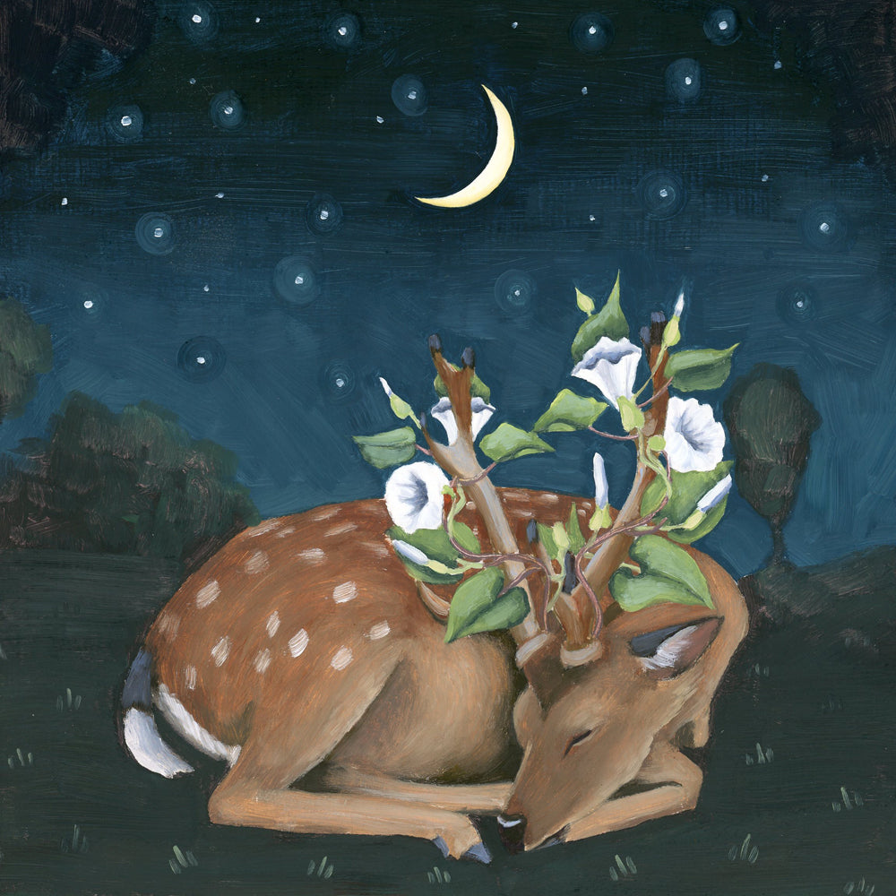 Deer w/ Moonflower and Crescent Moon Art Print (8x8)