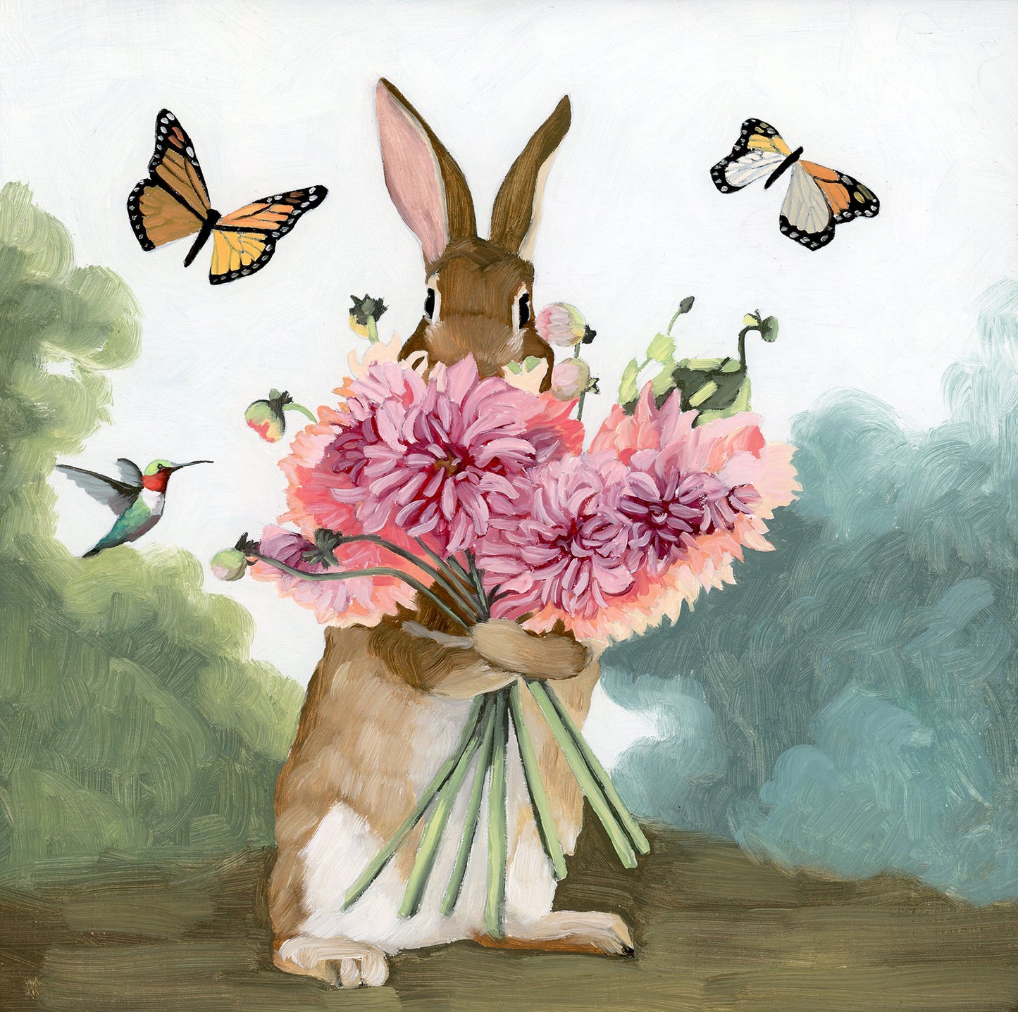 Rabbit w/ Pink Dahlias Art Print (8x8)