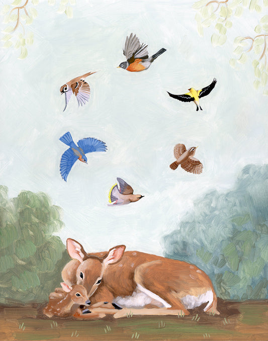 Deer and Songbirds - Art Print