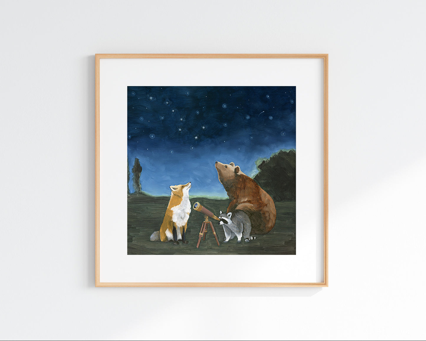 Bear, Fox and Raccoon Stargazing Art Print (8x8)