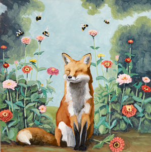 Fox w/ Zinnias - 10x10 Art Print