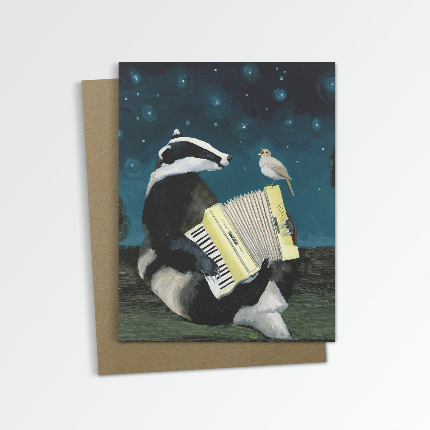 Badger w/ Accordion and Nightingale - Blank Notecard