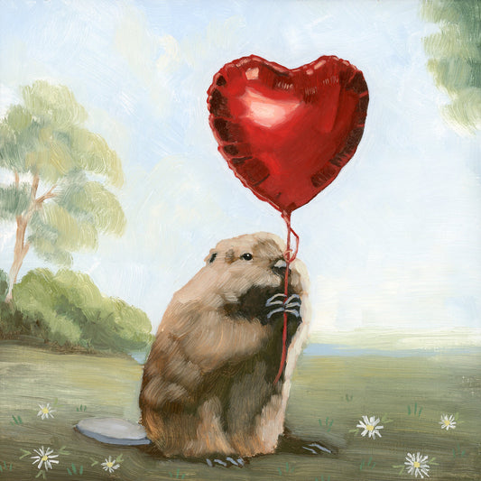 Beaver w/ Heart-shaped Balloon - 8x8 original oil painting