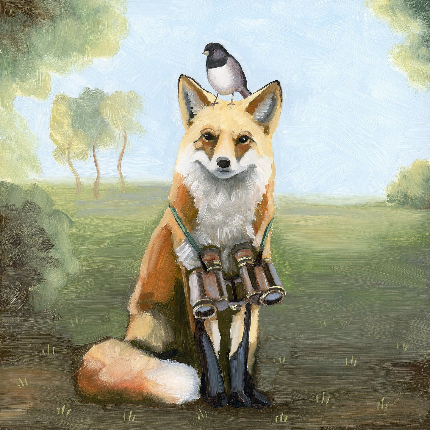 Fox w/ Binoculars - 8x8 original oil painting