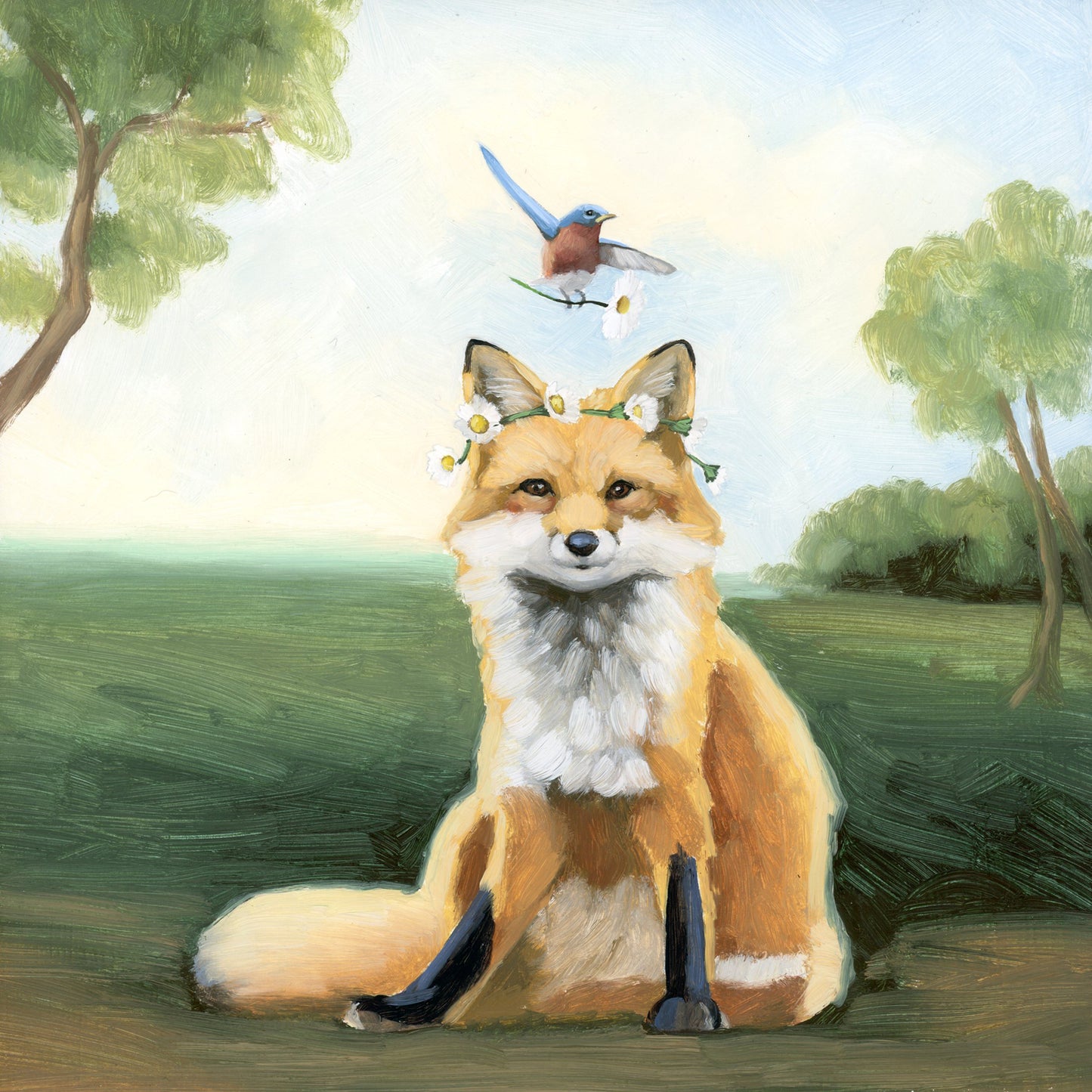 Fox w/ Daisy Chain - 8x8 Original Oil Painting