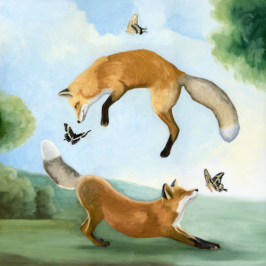Two Foxes Jumping - 24x24 Original Oil Painting