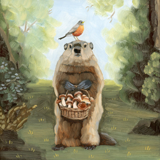 Groundhog w/ Mushrooms - 8x8 original oil painting