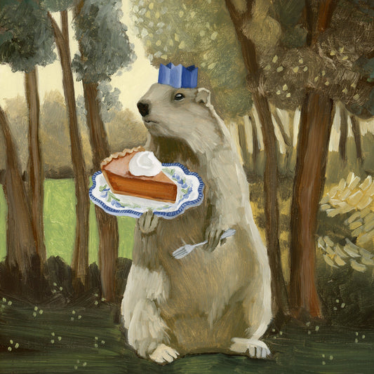 Groundhog w/ Pumpkin Pie - 8x8 Original Oil Painting