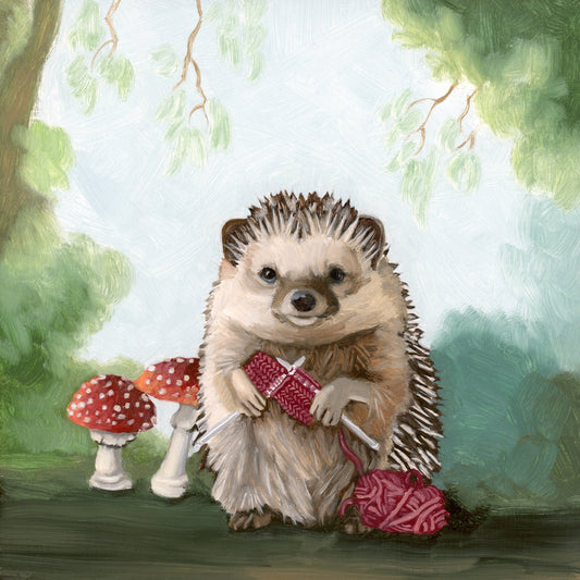 Hedgehog Knitting - 8x8 Original Oil Painting