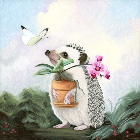 Hedgehog w/ Orchid - 8x8 Original Oil Painting