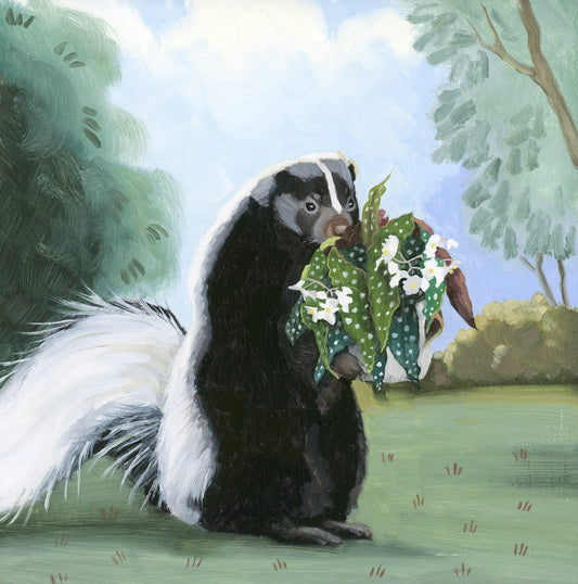 Skunk w/ Begonia - 8x8 Original Oil Painting