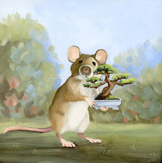 Mouse w/ Bonsai Tree - 8x8 Original Oil Painting