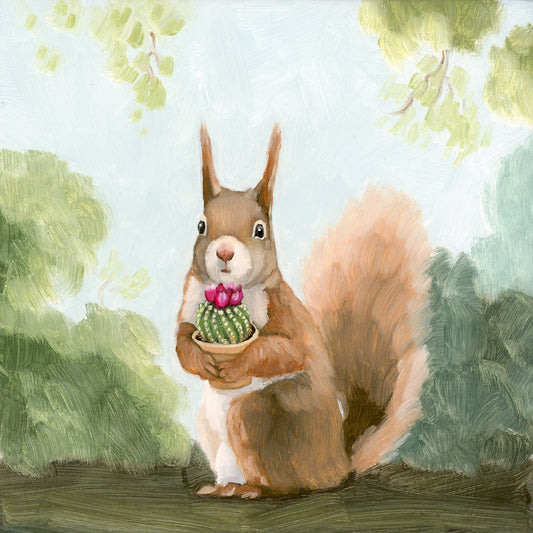 Squirrel w/ Cactus - 8x8 Original Oil Painting