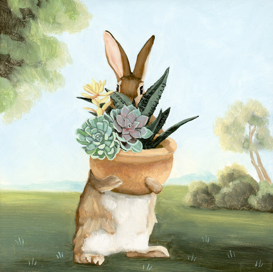 Rabbit w/ Succulents - 8x8 Original Oil Painting