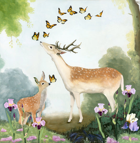 Deer and Irises Art Print (8x8)