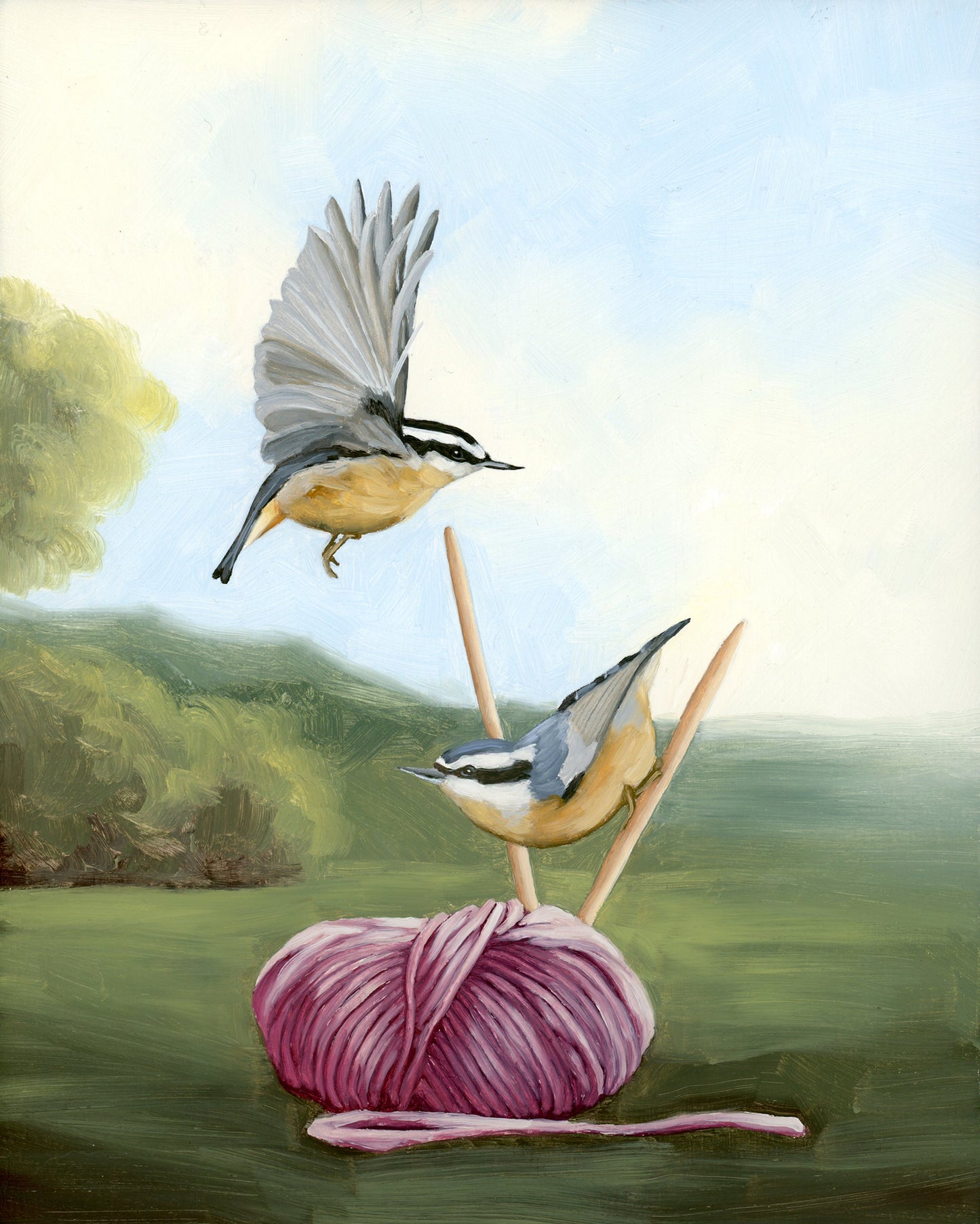 Yarn and Nuthatches - 8x10 Original Oil Painting