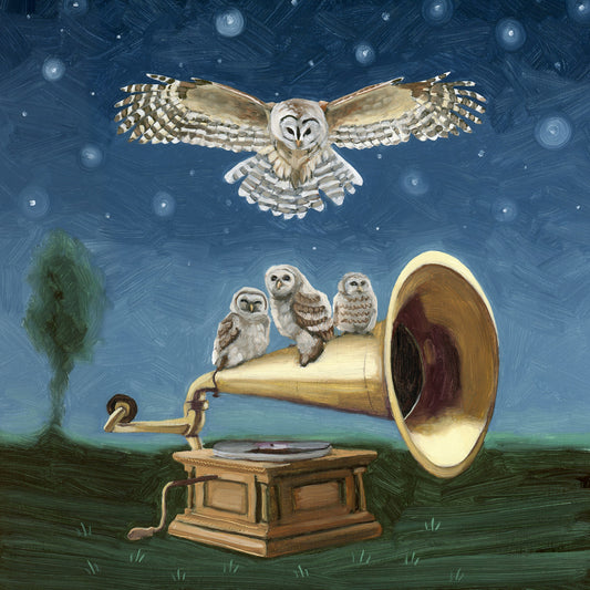 Owls w/ Phonograph - 10x10 Original Oil Painting