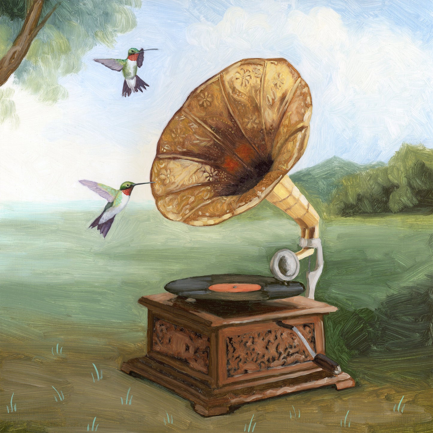 Phonograph w/ Hummingbirds - 12x12 Original Oil Painting