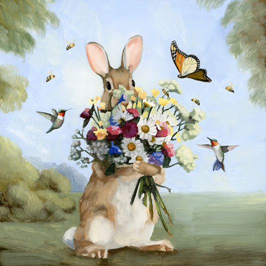 Rabbit w/ Wildflowers - 8x8 original oil painting