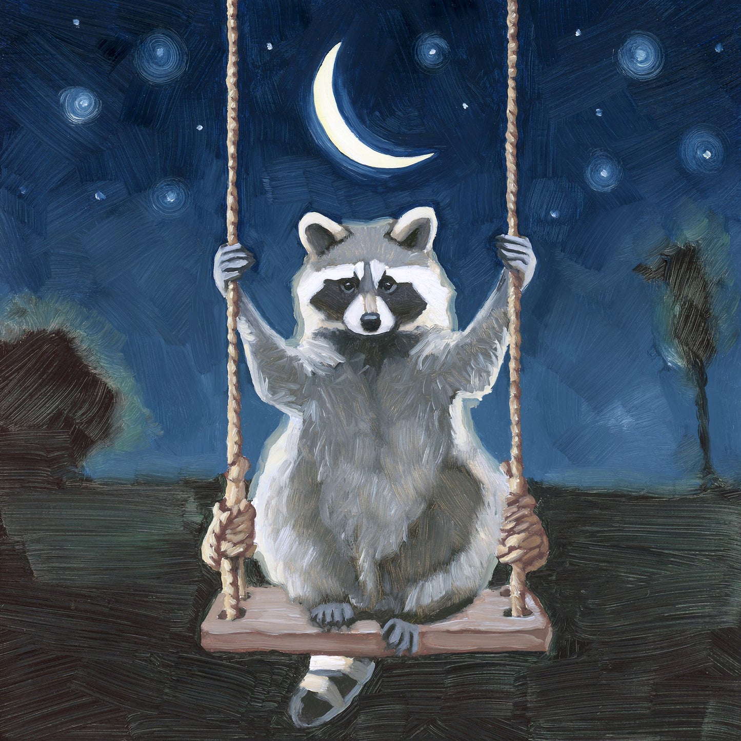 Raccoon Swinging Under Crescent Moon - 8x8 original oil painting