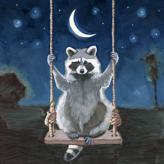 Raccoon Swinging Under Crescent Moon - 8x8 original oil painting