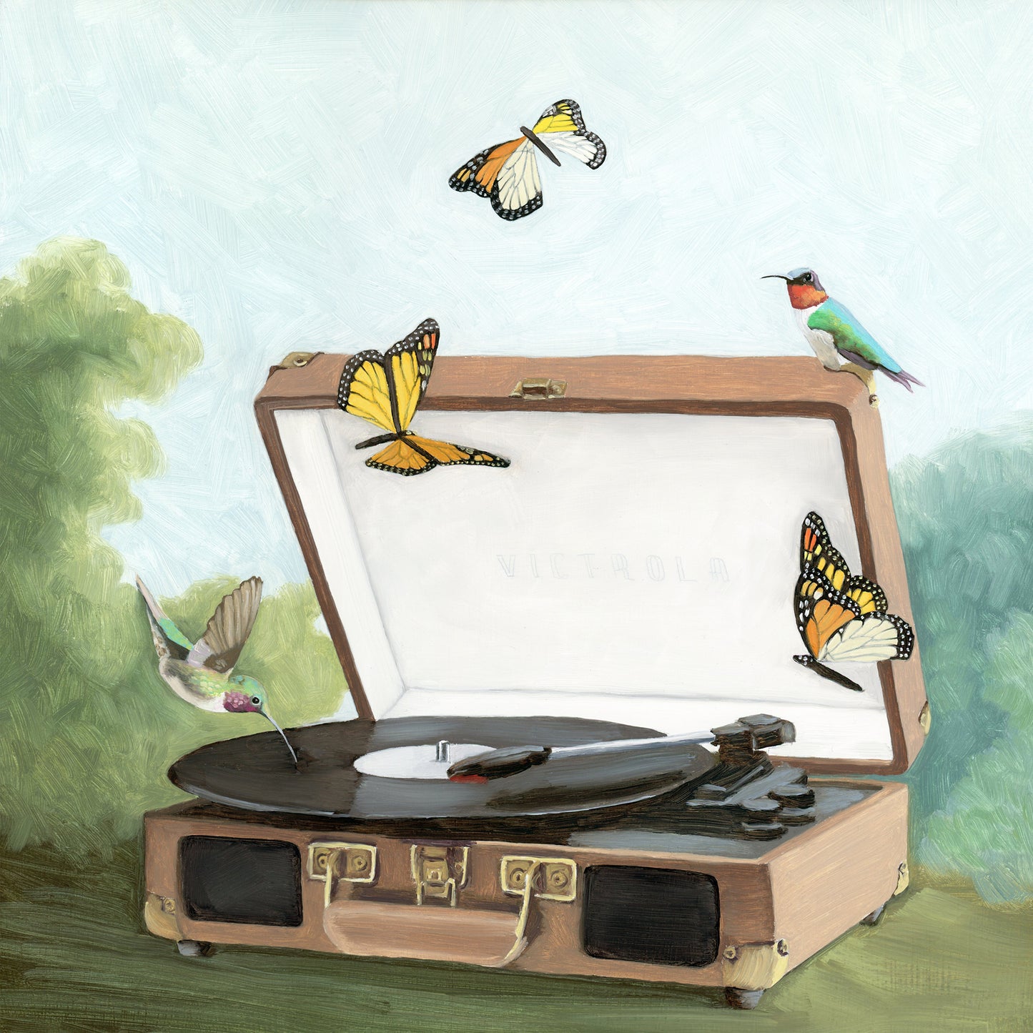 Record Player and Things w/ Wings - 12x12 Original Oil Painting