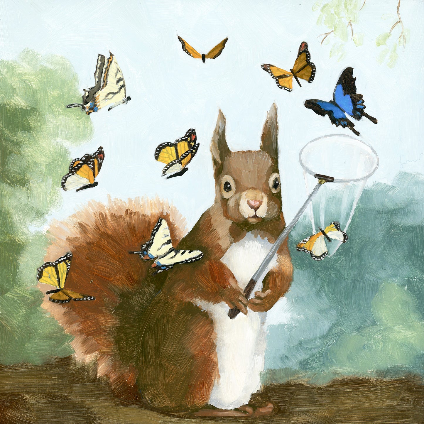 Squirrel w/ Butterflies - 8x8 original oil painting