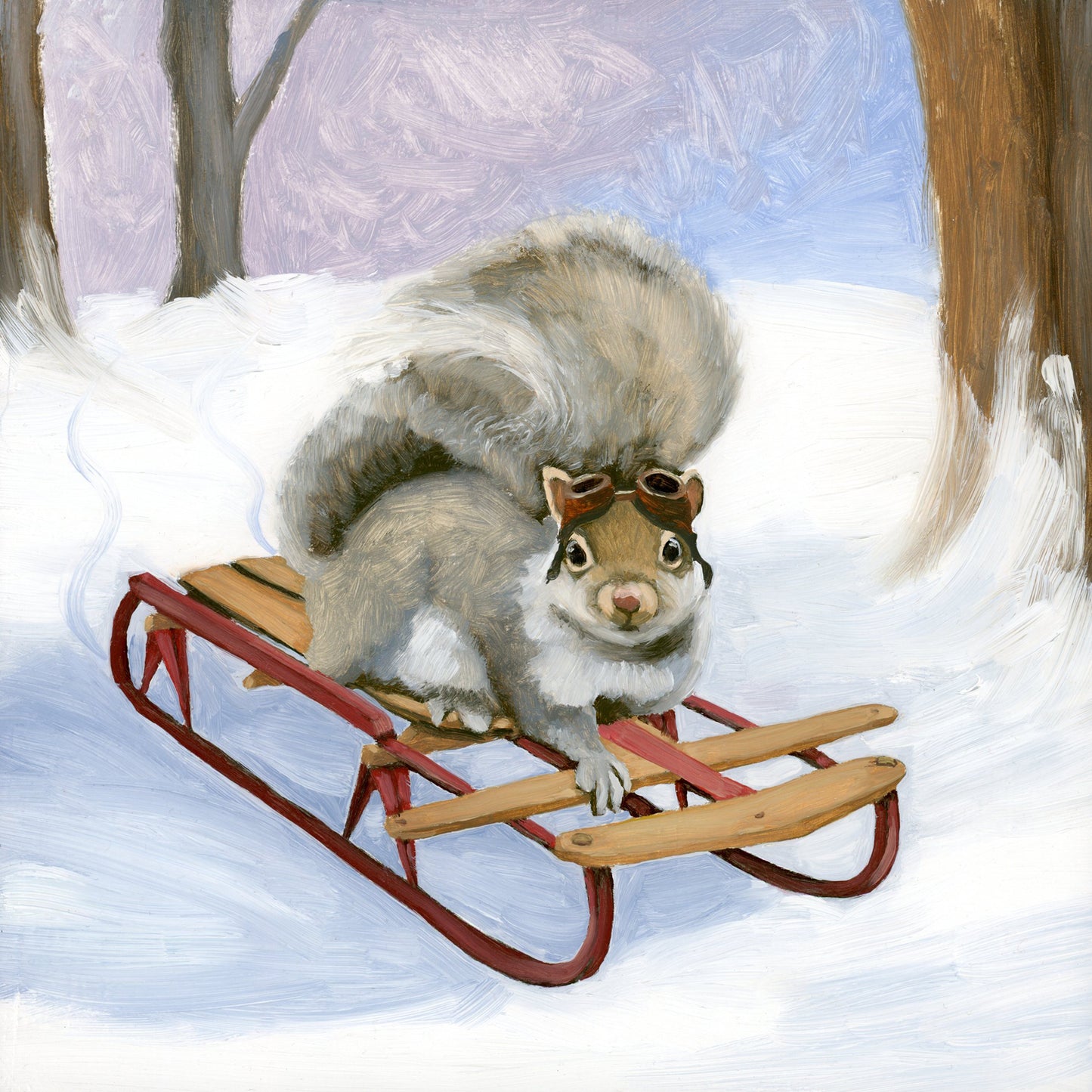 Squirrel Sledding - 8x8 Original Oil Painting