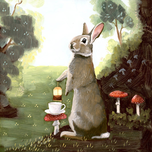 Rabbit w/ Toadstools & Tea - 8x8 original oil painting