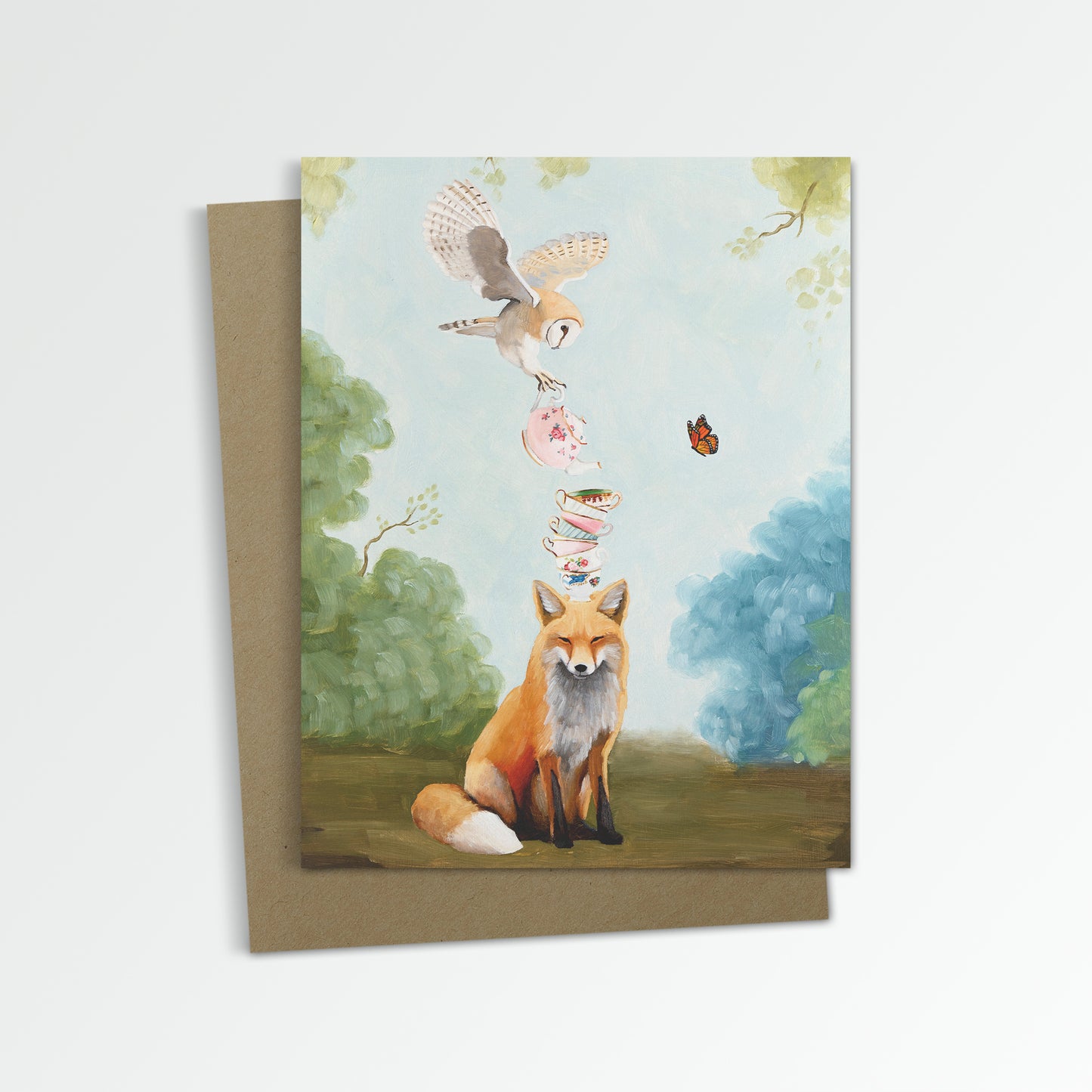 Fox and Owl w/ Teacups Notecard (Blank Inside)