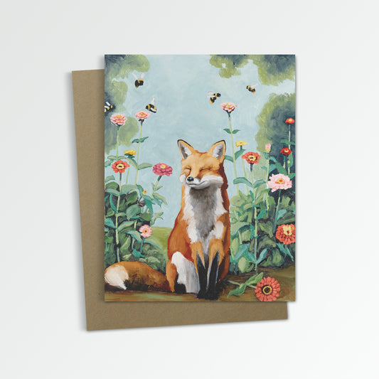 Fox w/ Zinnias Notecard (Blank Inside)